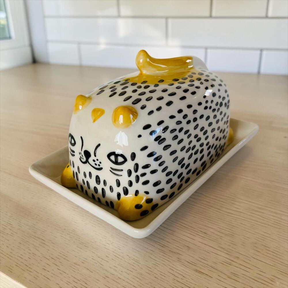 New Potter's Studio Yellow Black Spotted Cat Kitty Kitchen Butter Serving Dish